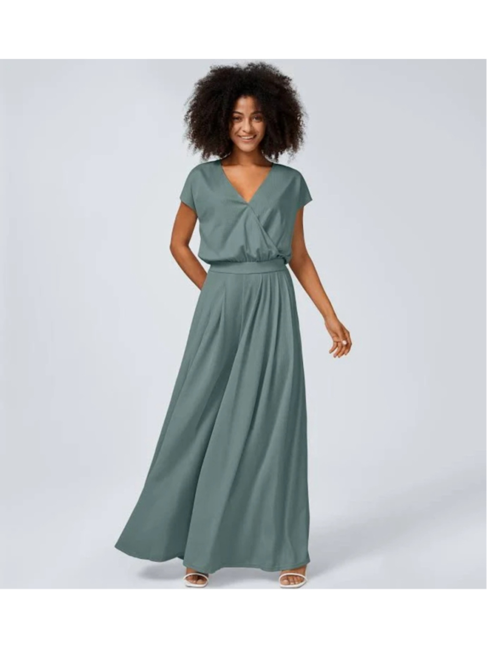 Halara Bronze Stone Green V Neck Short Sleeve Waffle Wide Leg Jumpsuit Pleated L